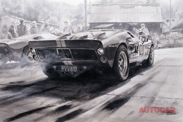 GT40은 셸리 월시를 방문하면서 스케치한 것이다. 번스의 GCSE 예술 작품에는 전설적인 포드 스포츠 레이서가 등장한다<br>
